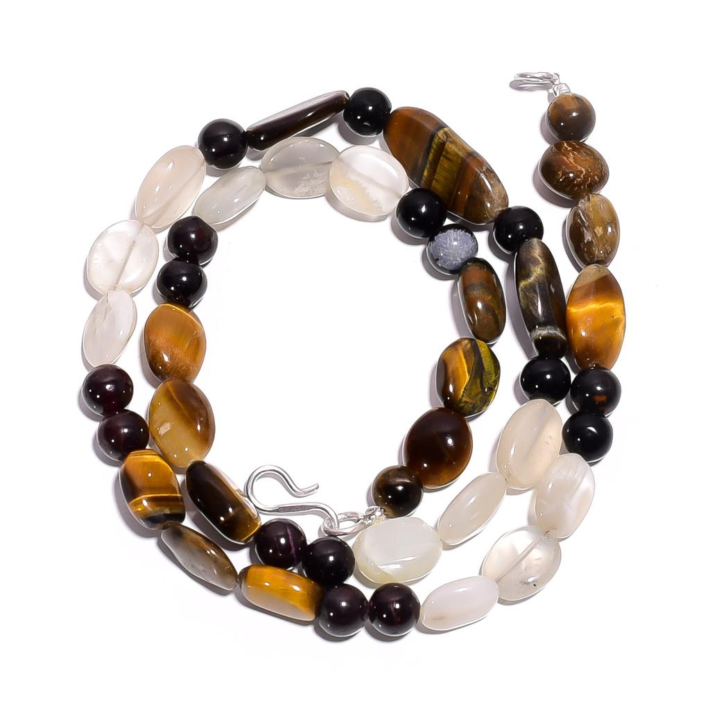 Natural Tiger Eye Moonstone Garnet Gemstone Smooth Beads Necklace 17" UB-4569 UB-4569