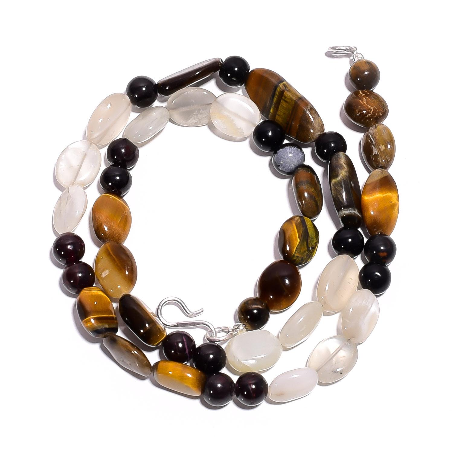 Natural Tiger Eye Moonstone Garnet Gemstone Smooth Beads Necklace 17  UB-4569 UB-4569