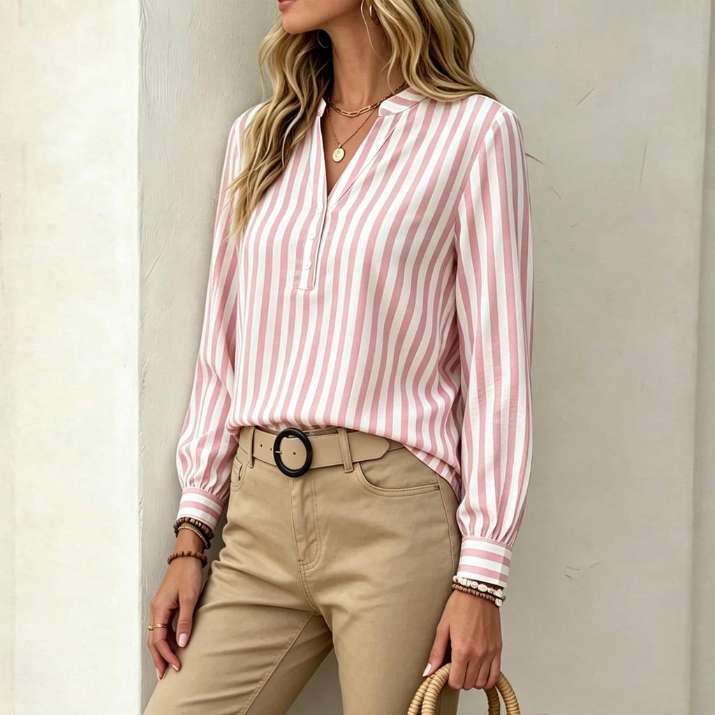 Women's Loose Fit Striped Stand Collar Long Sleeve Blouse for Work