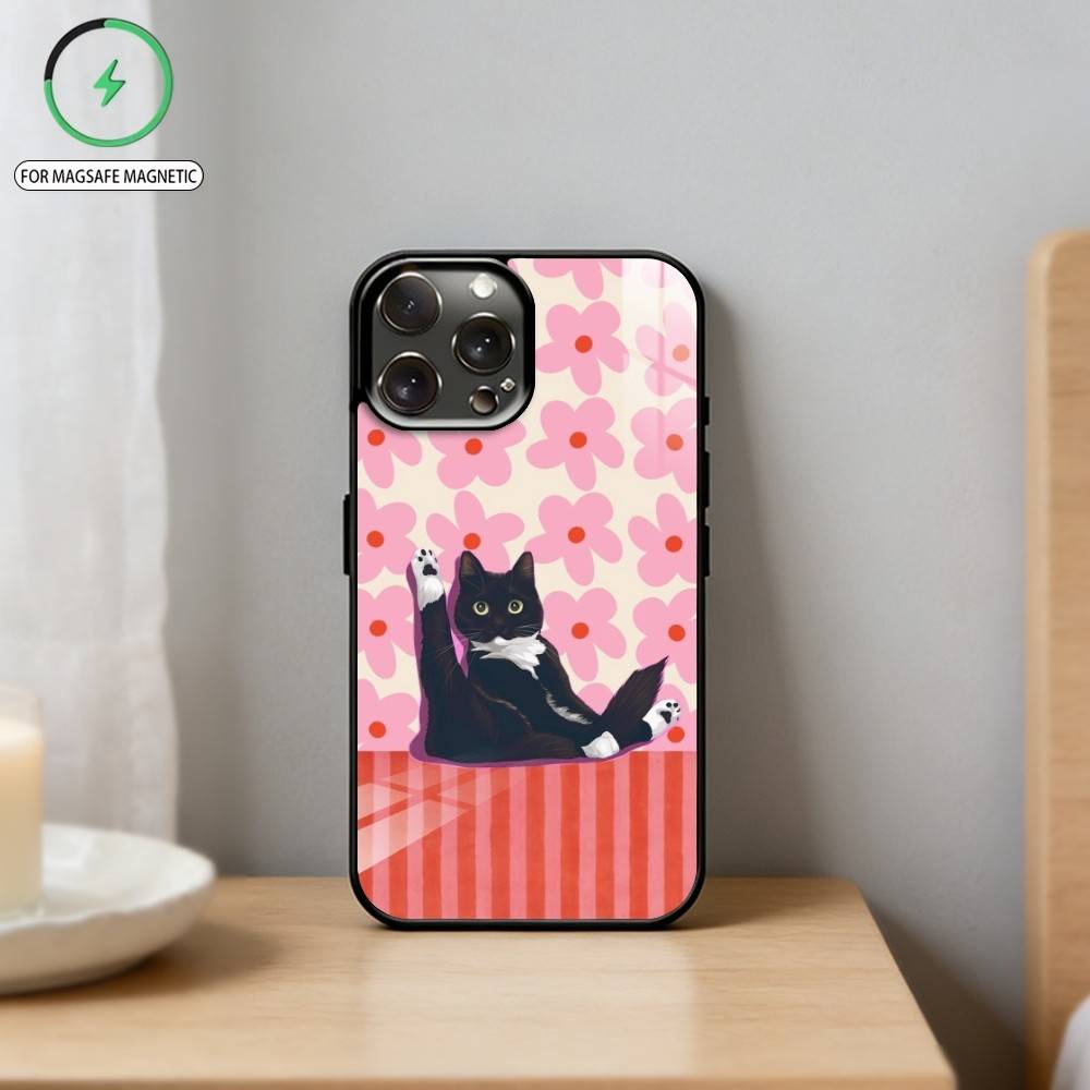 C-Cute Black White Cat Phone Case For iPhone17,16,15,14,13,12,11 Plus,Pro Max Magnetic For Magsafe Wireless Charging