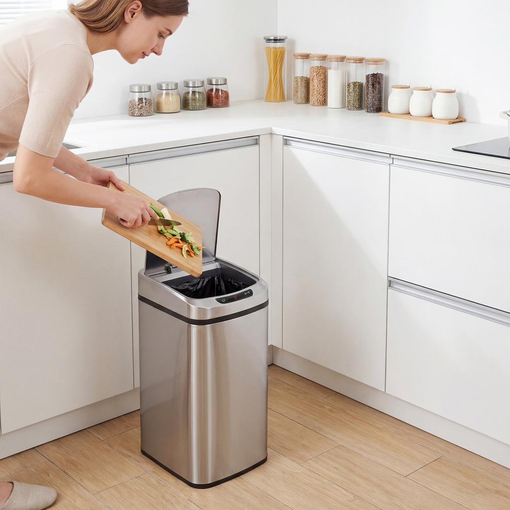 12L Sensor-Mülleimer, Automatischer Berührungsloser Bewegungssensor Küchenmülleimer aus Fingerabdruck-resistentem Edelstahl, Silber