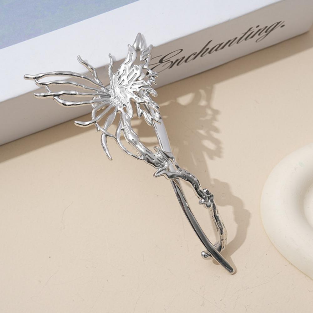 1pc Gothic Silver Metallic Hair Pins Intricate Butterfly Flower Design Perfect for Fantasy Inspired Looks Dark Academia Styles