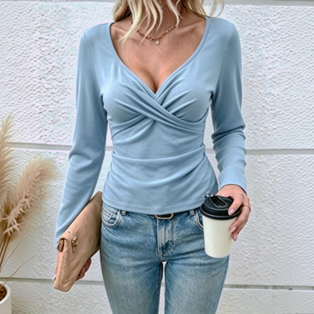 Women's Long Sleeve V-Neck Blouse Elegant Color Cross Front Top for Fall