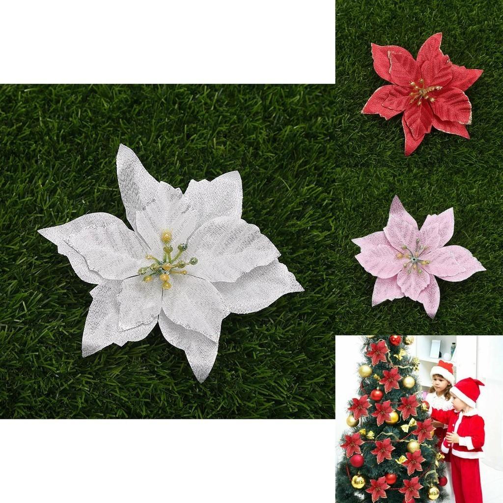 Eye-catching 10pcs Christmas Large Poinsettia Glitter Flower Decor For Home And Party