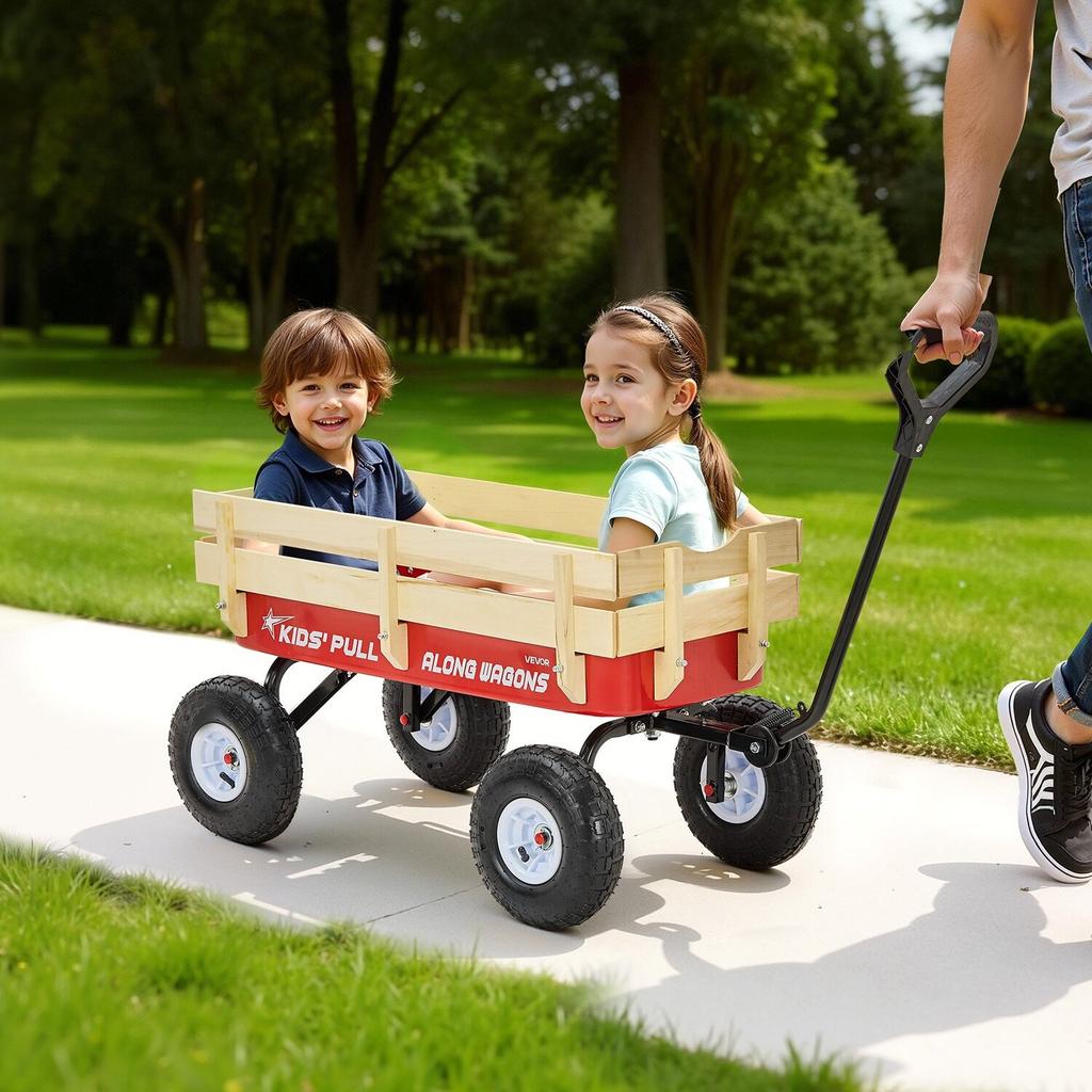 Ziehwagen für Kinder, 101 cm Kleinkind-Wagen mit Holzpaneelen & Griff, Belastbar bis 150 kg, Geländegängiger Nutzanhänger Geburtstaggeschenk für