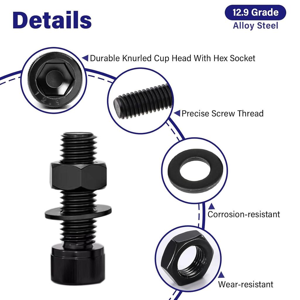 1390 Stück schwarz Güte 12.9 Zylinderkopf Innensechskant mit Unterlegscheibe Mutternsatz Zylinderkopfschraube Box