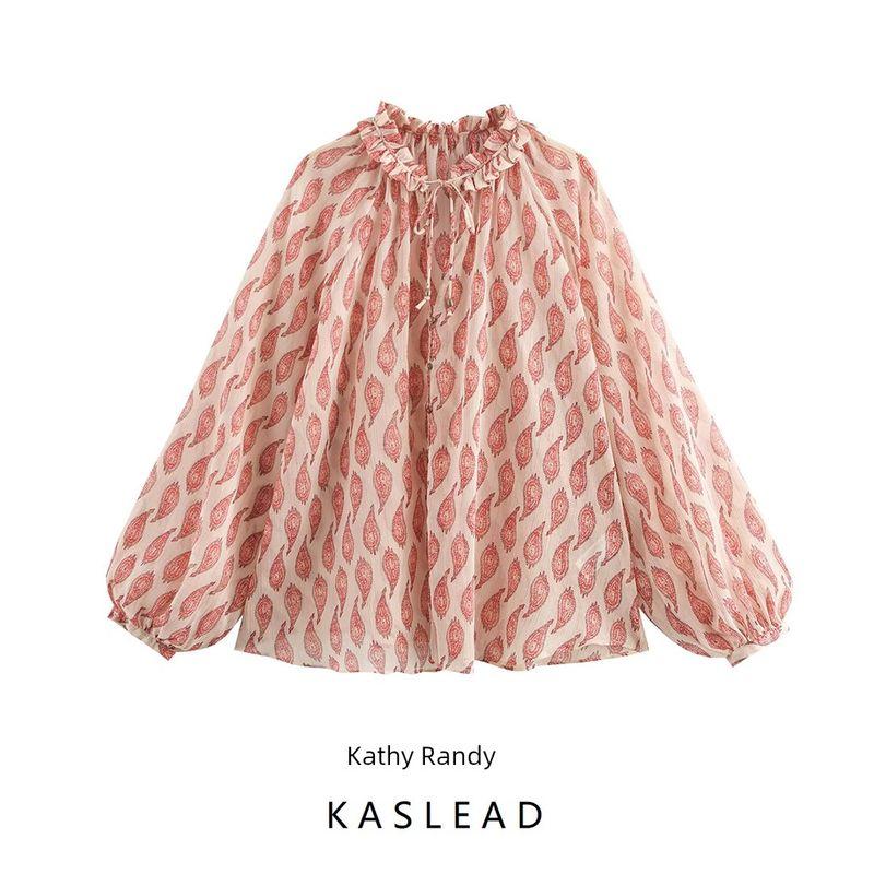 Kaslead New Arrival Women's Fashion Style Metal Color Line Print Temperament Long Sleeve Lapel Shirt 2505141