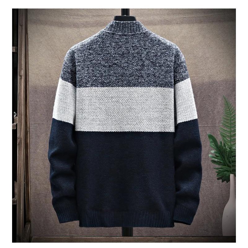 Autumn Winter Cardigan Sweater Men Fleece Zipper Sweaters Velvet Contrast Striped Sweater Coats Casual Jackets