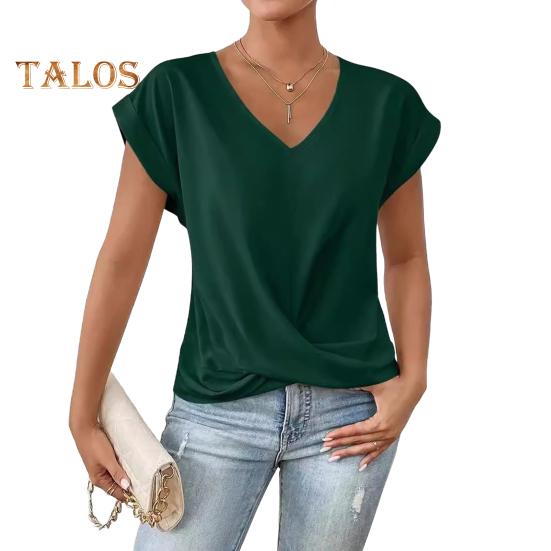 Dámské topy s výstřihem do V, s krátkým rukávem, s mačkaným designem, tričko jednobarevné, volného střihu, s křížovým plisováním, pro každodenní nošení