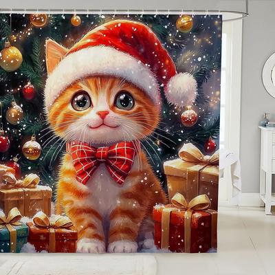 3DCute Cat Shower Curtain Christmas New Year Theme Bathroom Curtains for Kids Boys Girls Teens Lovely Kitty Decor Winter Holiday