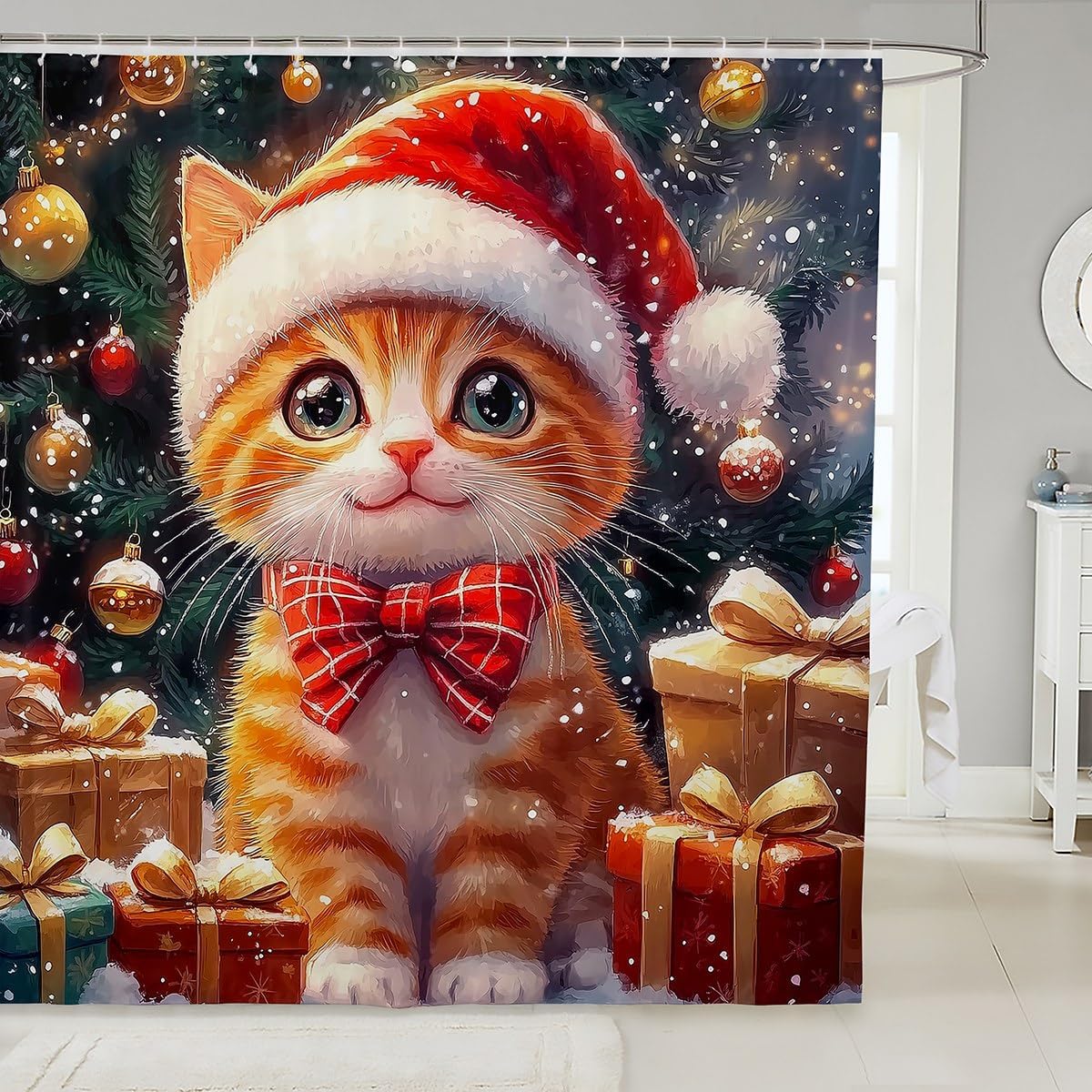 

Cute Christmas Bear Shower Curtain Winter Snowflake Xmas Tree Decor Bathroom Curtains For Kids Boys Girls Teens Cartoon Animal W60H190(CM)-1 Pcs