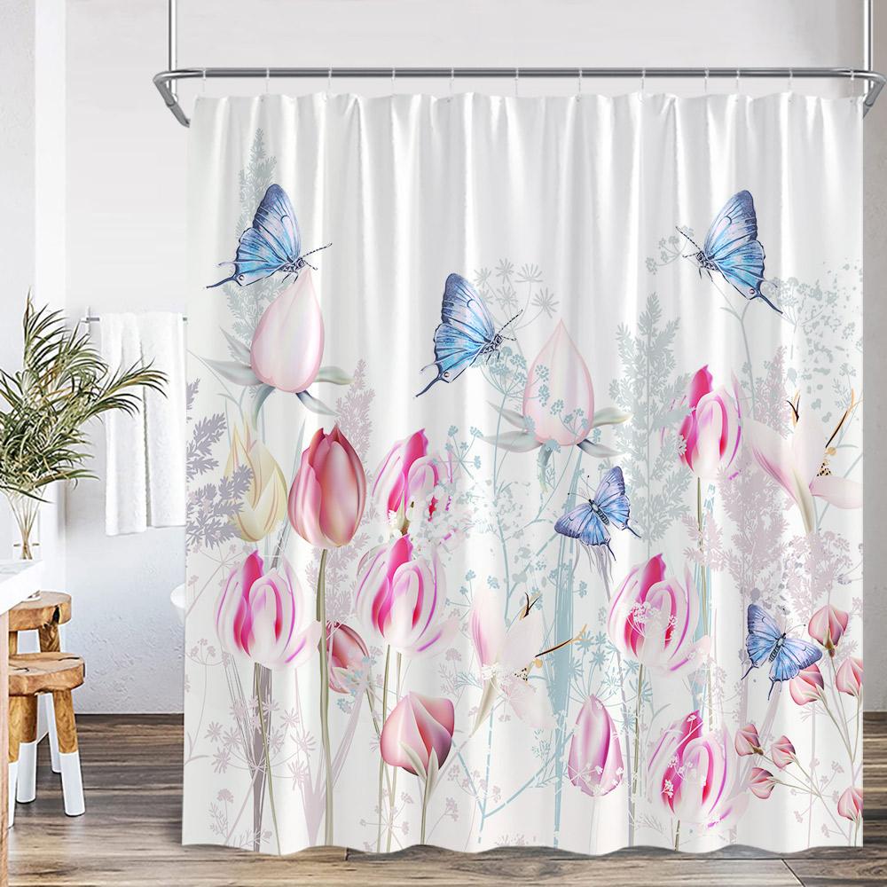 Butterfly Shower Curtains Multicolored Flowers Pastoral Floral Bathroom Decorations Rustic Polyester Bath Curtains with Hooks