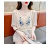 Women Floral Embroidery Crochet Blouse V Neck Puff Sleeve Button Down Casual Top