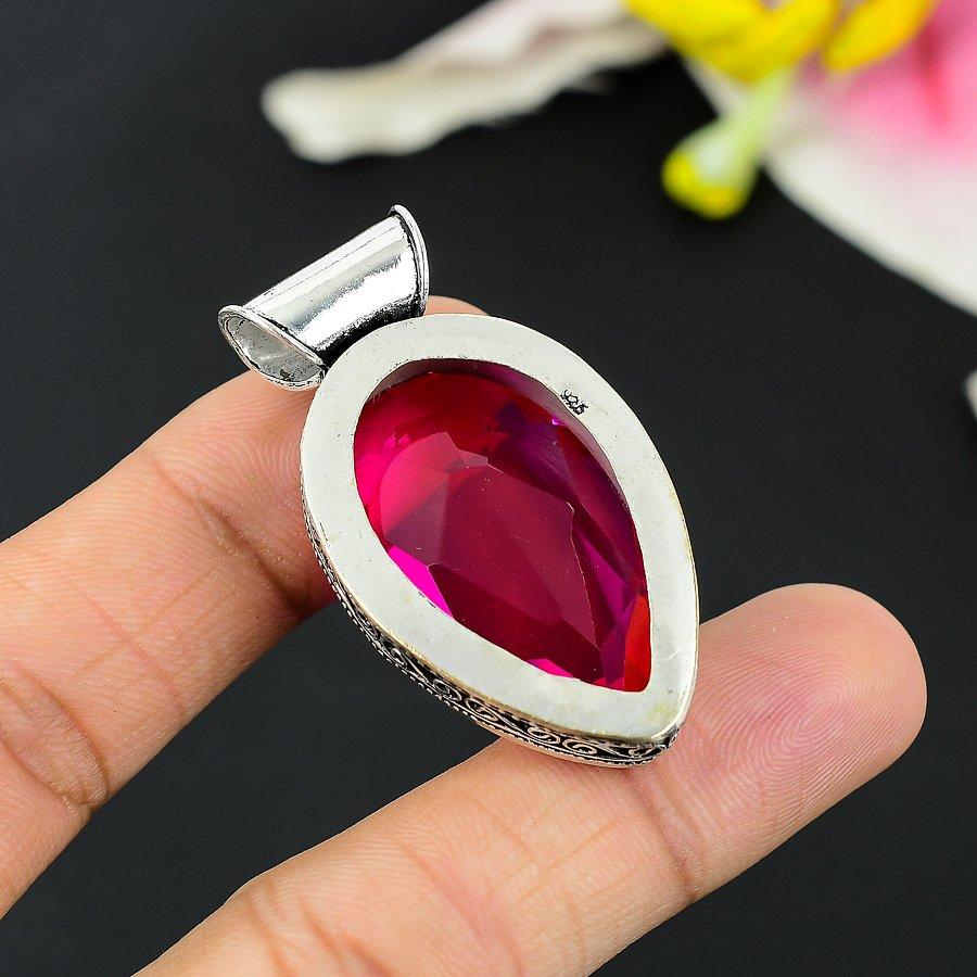 Pink Rubillite Gemstone Handmade 925 Sterling Silver Jewelry Pendant 2.40" KG-151
