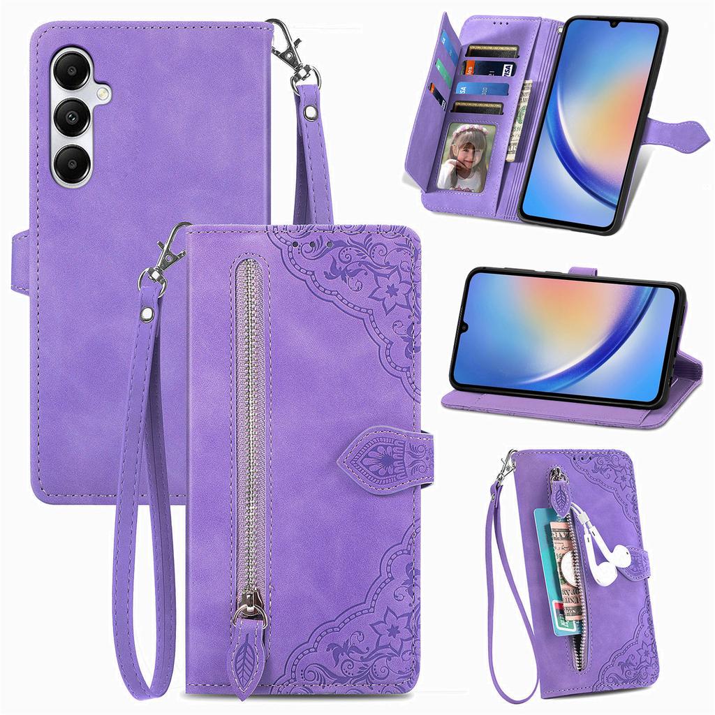 For Samsung Galaxy A15 4G/A15 5G Zipper Wallet Case with Strap Flower Imprint PU Leather Phone Cover