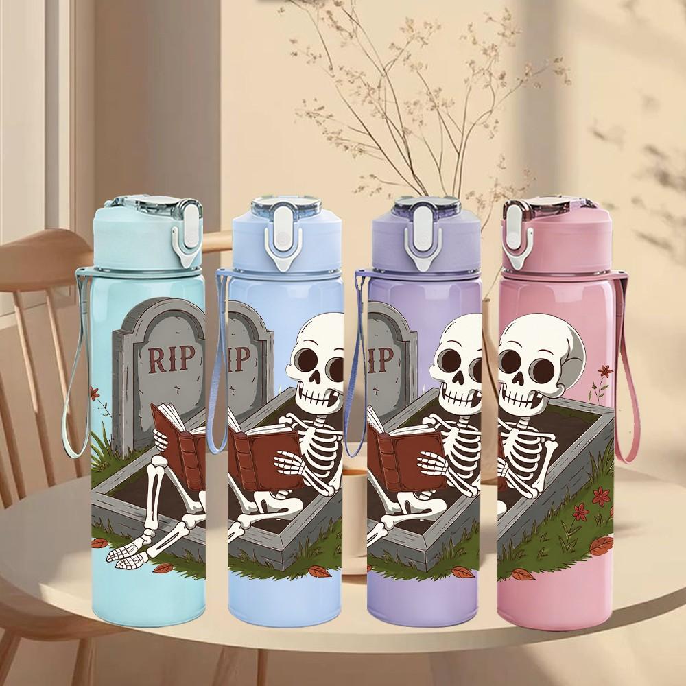 1PC Skeleton Tombstone Halloween Pattern 750ml Color Plastic Sports Water Bottle Leakproof Flip Straw Lid Suitable for Sports Office Home Use