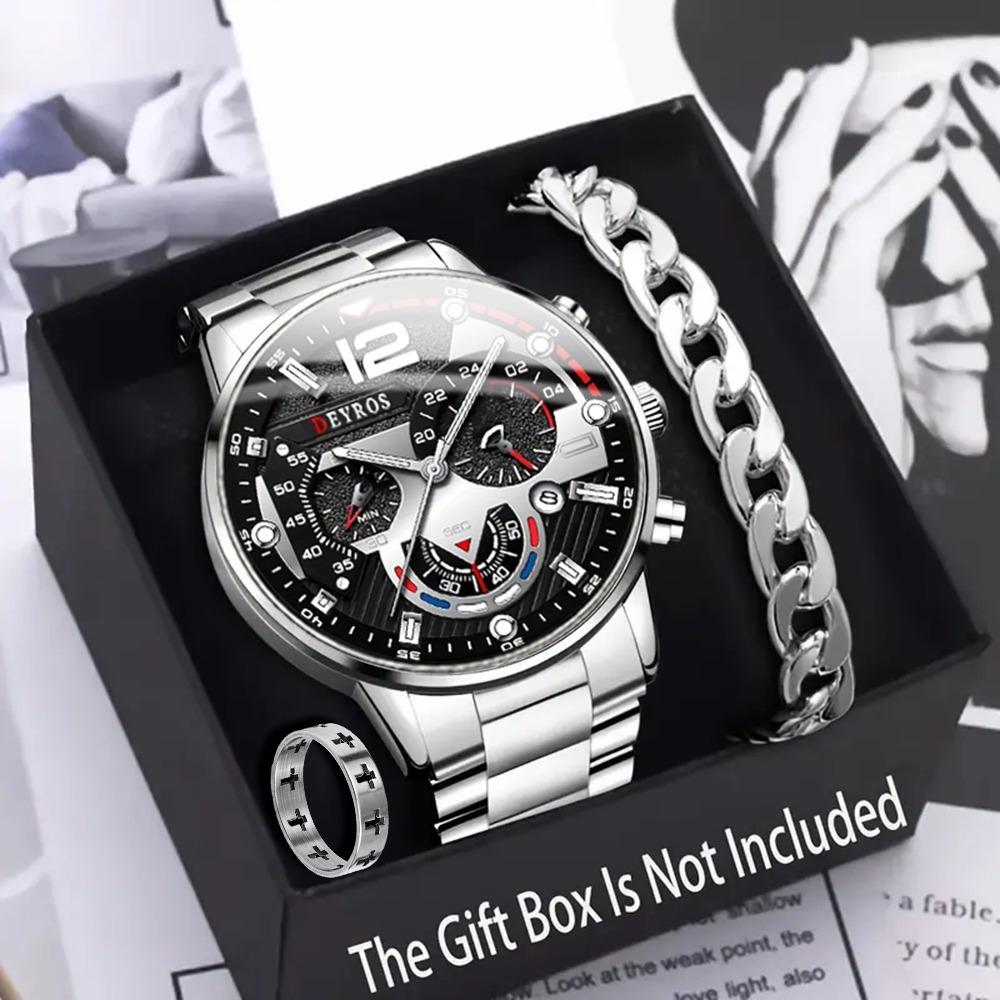 Set da 3 Orologi, Braccialetto Anello per Orologio, Orologio da Uomo, Orologio con Cinturino in Acciaio, Orologio al Quarzo