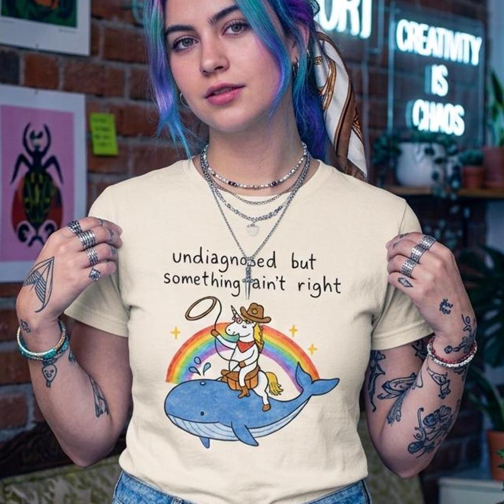 Undiagnosed But Something Ain't Right Shirt, Funny Unicorn Riding Whale Cowboy Shirt, Sarcastic Humor Tee, Mental Health Humor Gift.