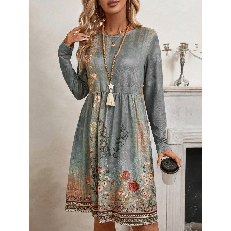 

Women Floral Print Round Neck Long Sleeve Casual Dress A Line Vintage Midi Dress S синій