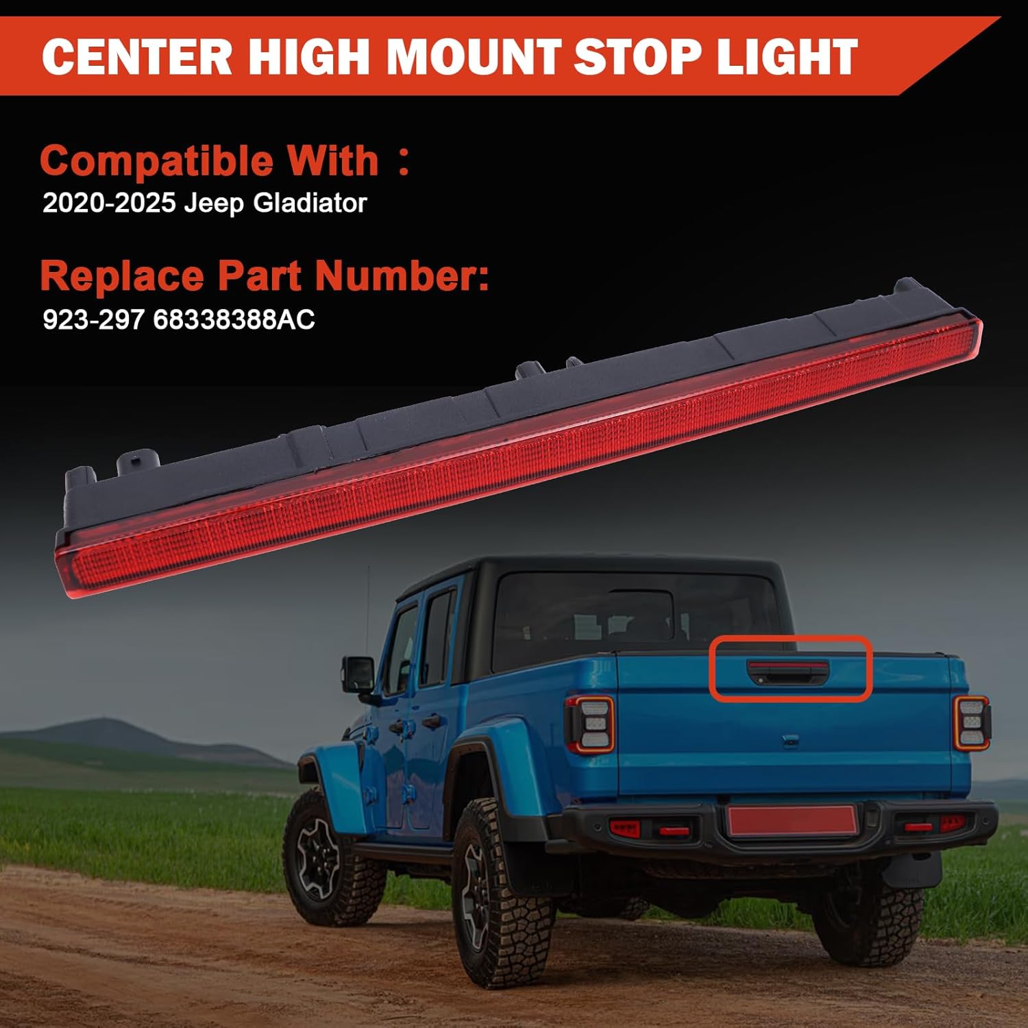 

923-297 Third Brake Light Assembly Center High Mount Stop Light Compatible with Jeep Gladiator 2020 2021 2022 2023 2024 2025 3rd Brake Light Replace