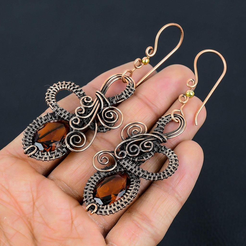 Citrine Earrings, 999 Copper Wire Wrapped Gemstone Jewelry, Handmade Earrings, For Thanksgiving