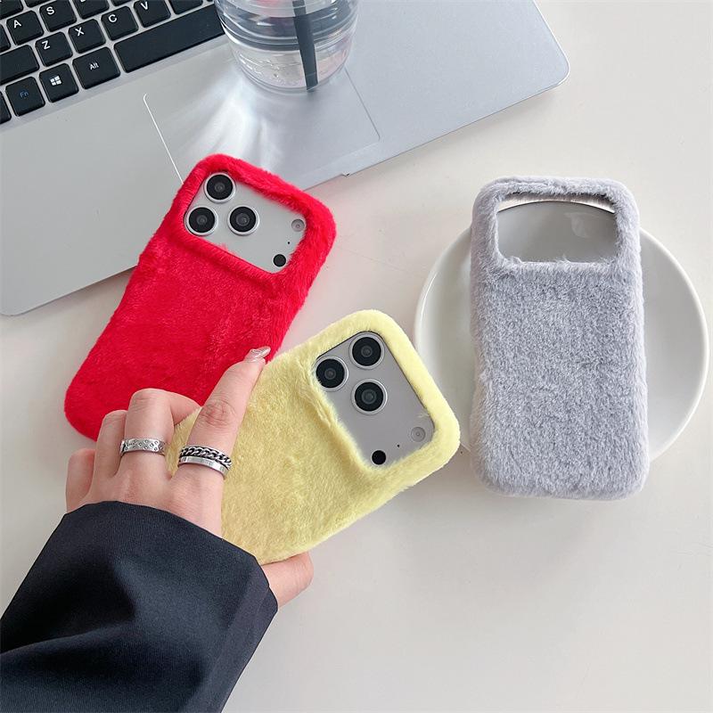 Winter Warm Solid Colors Furry Fluffy Plush Phone Case For iPhone 17 Air 16 15 14 13 Pro Max Shockproof Protective Cover