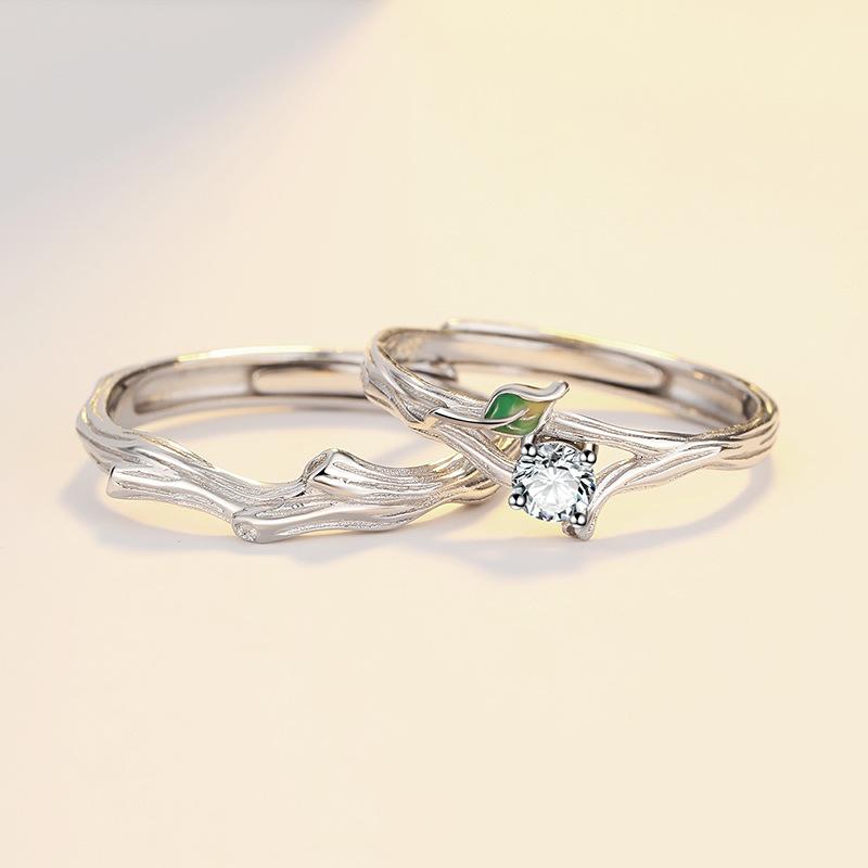 Original Withered Wood Meets Spring Couple Ring Light Luxury Niche Design Ring with Diamond Opening Ring