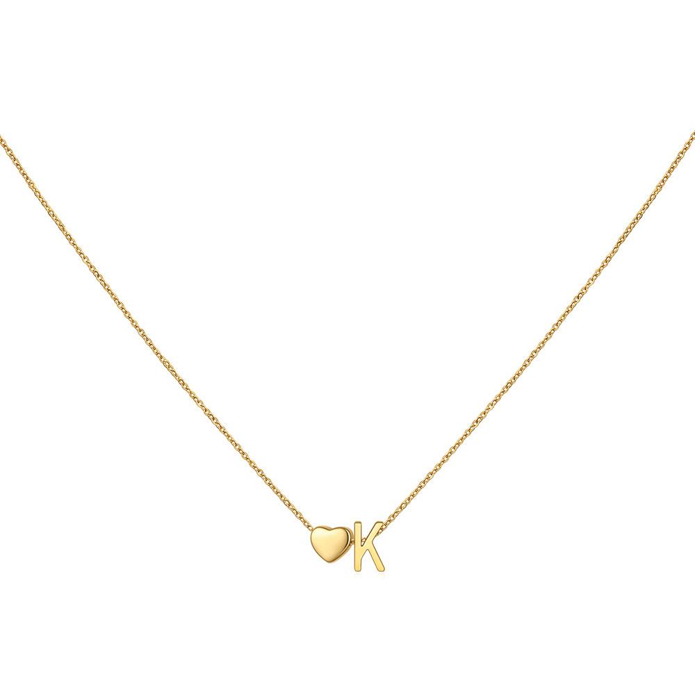 14K Gold Plated Stainless Steel A-Z Heart Initial Necklace Gold Silver Personalized Clavicle Gift for Women Unisex