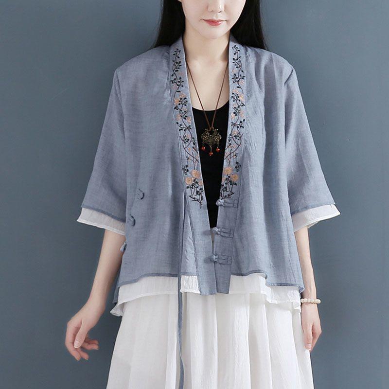 Summer Ethnic Style Retro Hanfu Cotton and Linen Shirt Women's Stitching Fake Two-piece Three-quarter Sleeve Embroidered Plate Button Top