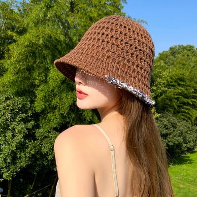 Letnia kapelusz słomkowy z ażurowej dzianiny kapelusz przeciwsłoneczny damski gładki daszek outdoorowy koronkowy modny kapelusz typu bucket