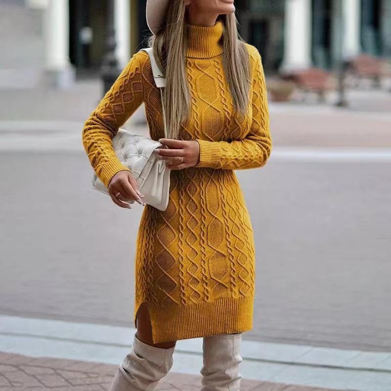 Autumn Winter Women's Knitted Wrap Hip Skirt High Neck Warm and Thickened Elegant Knitted Sweater Long Sleeve Dress