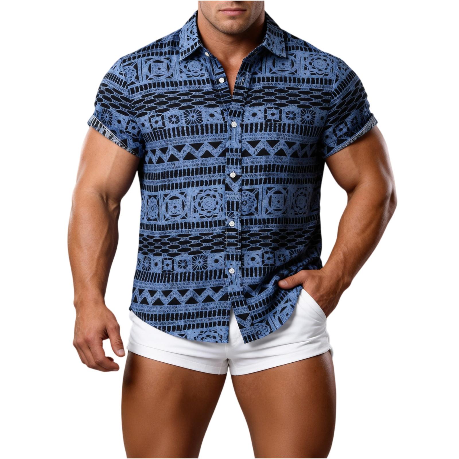 Men s Casual Printed Button Down Short Sleeve Shirt Lightweight Breathable Collared Shirt for Vacation and XXL синий