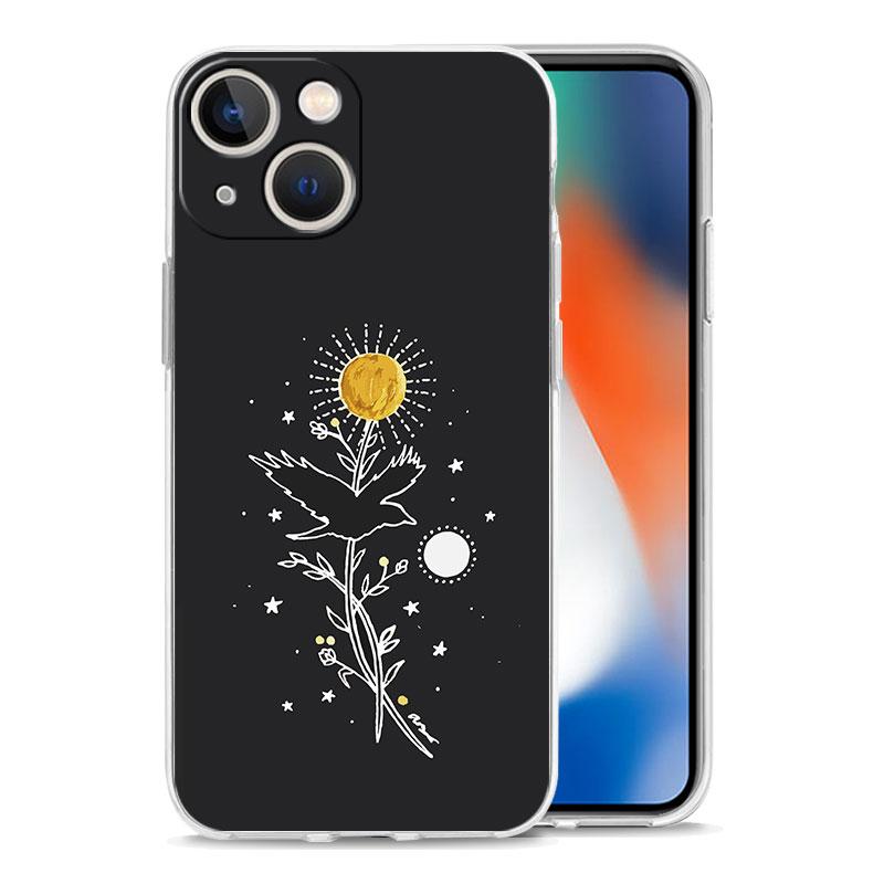 Phone Case For iPhone 15 14 13 12 Mini 11 Pro Max XS X XR 7 8 Plus Clear Shockproof TPU Cover Simplicity Line Art Sun Moon