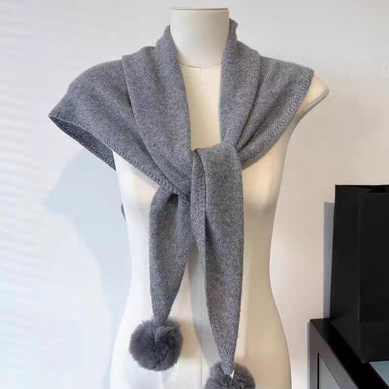 Women S Warm Knit Triangle Scarf With Pom Pom Korean Style Versatile Fashion Scarf