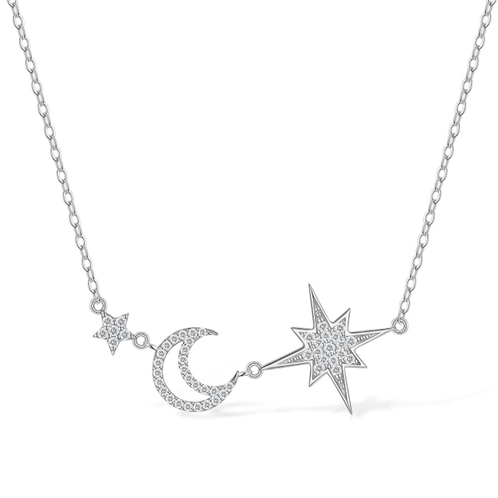 

Sweetrain Full Moissanite Necklace for Women 925 Silver Star&Moon Pendant 18k white Plated Female Necklace Full Moissanite