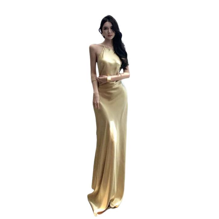 French Heavy Industry Neck Halter Slim Slim Satin Dress Birthday Party Dress Long Dress Women's Summer