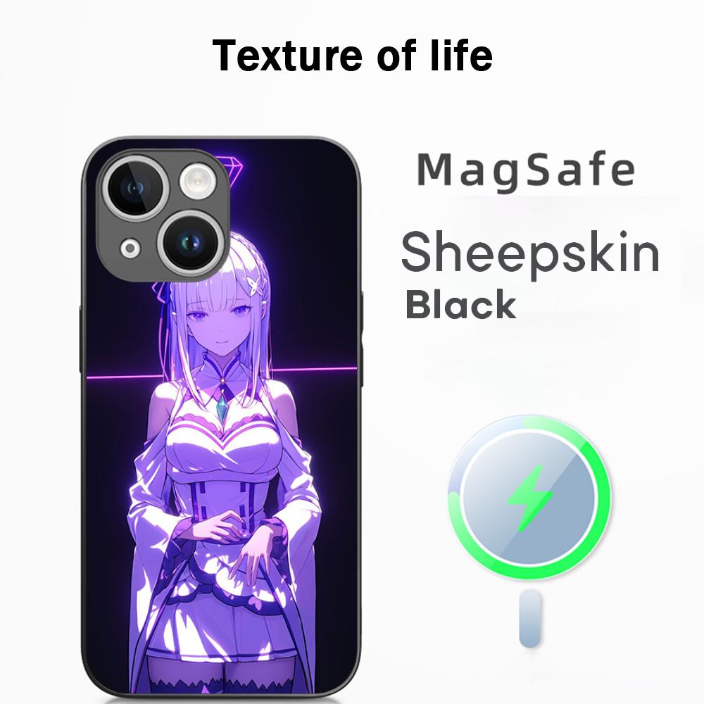 Coque de téléphone motif anime classique fille mignonne Re zero Pour iPhone 17 16 15 14 13 12 Plus Pro Max Haut de gamme Luxe Magsafe Peau de mouton