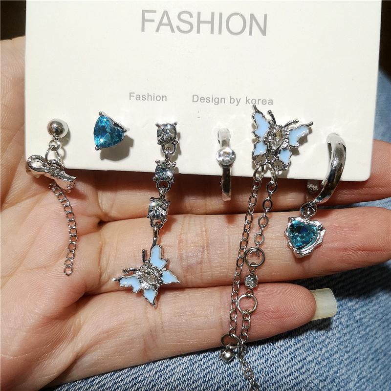 Goth Trendy Blue Crystal Heart Butterfly Tassel Chain Pendant Earring Set For Women Vintage Aesthetic Y2K Jewelry Accessories