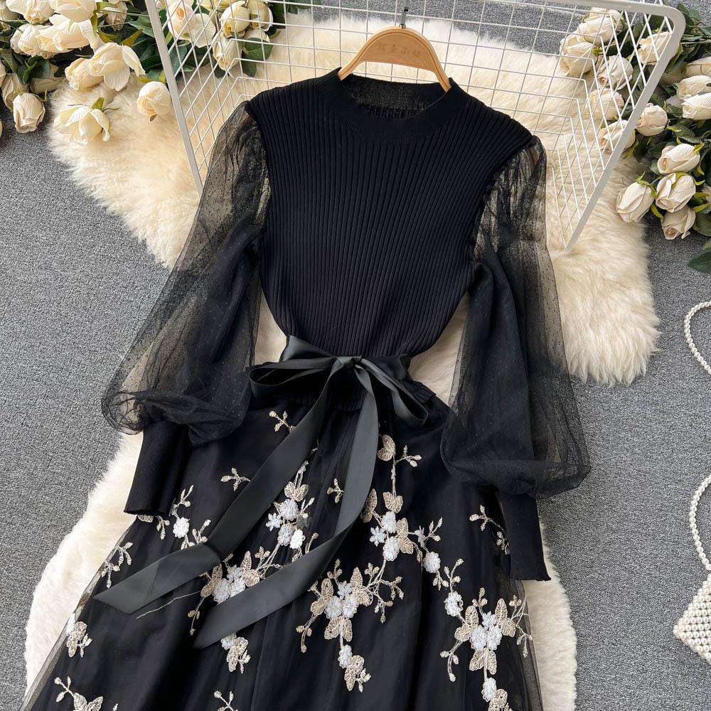 Spring Floral Knitted Long Dress Women Autumn Long Sleeves A Line Patchwork Mesh Embroidery Dresses