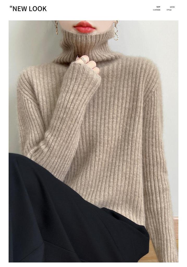 2025 Autumn/Winter High-Neck Pure Wool Ribbed Knitwear Loose Pullover Base Layer