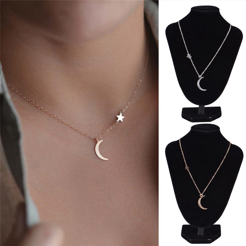 Moon Star Pendant Necklace Choker Necklace Gold Silver Long Chain Women Jewelry