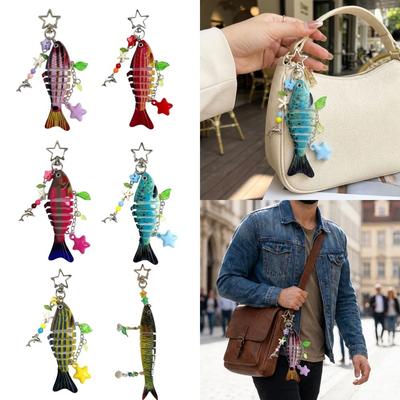 New Plastic Imitation Fish Keychains Multi Jointed Beaded Fish Hook Key Chain Ocean Style Keychain Pendant Bag Accessories
