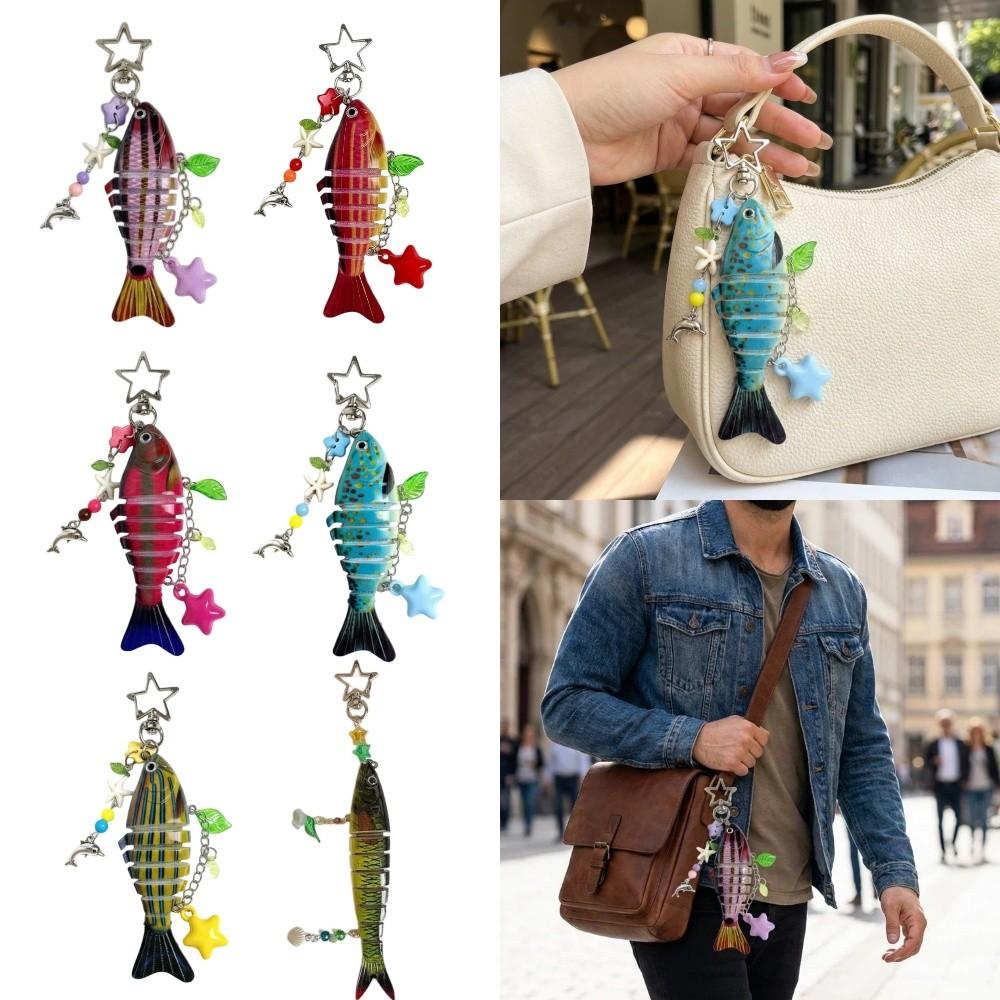 New Plastic Imitation Fish Keychains Multi Jointed Beaded Fish Hook Key Chain Ocean Style Keychain Pendant Bag Accessories