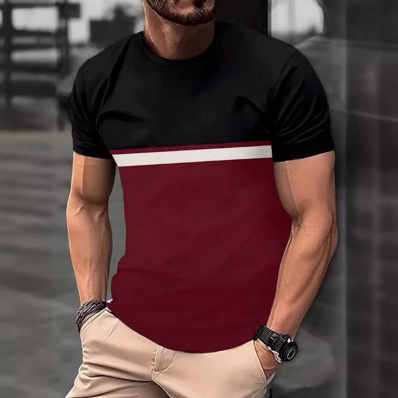 Men's Color Blocked Round Neck T-shirt with D-print Top Short Sleeved T-shirt for Summer Loose Fit Men's Casual Wear Shirt
