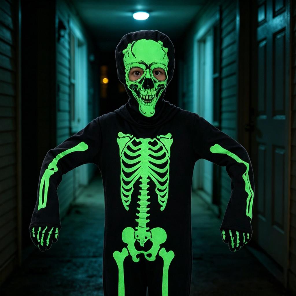 In the Dark Halloween Skeleton Costume with Light Up Eyes for Adults Unisex Party Outfit