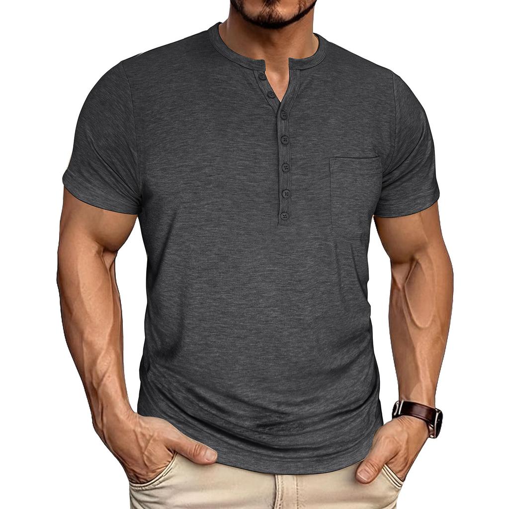 Men Henley Neck Short Sleeve T Shirt with Button Pocket Casual Stretchy Summer Basic Top for Everyday Wear