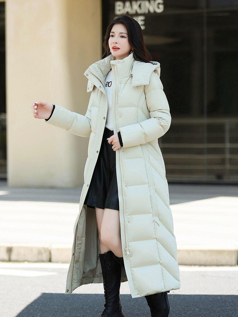 Damski Modny Długi Biały Płaszcz Puchowy z Kaczym Piórem 2025 - Szykowny, Podkreślający talię, Za kolano, Bardzo długi Styl zimowy