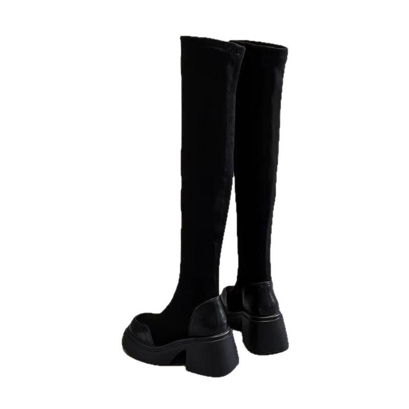 Black Suede Elastic Boots Women's Winter New Thick-soled Heel Over Knee Boots Skinny Boots Socks Boots Long Boots