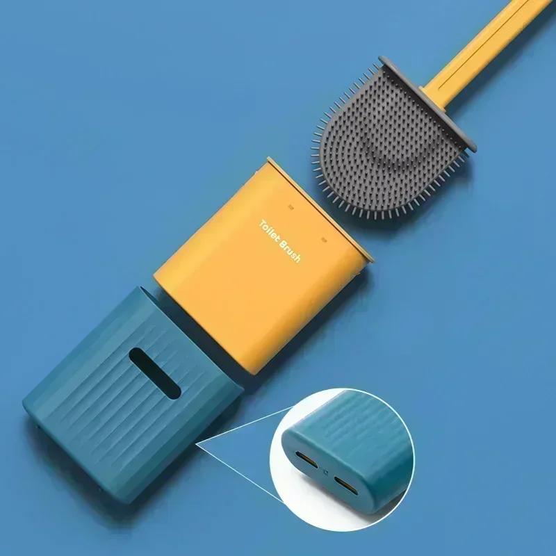 Wall Mounted Toilet Brush Silicone Flat Brush Head Cleaner Brush Set Bathroom Toilet Cleaning Brush With Quick Drying Holder