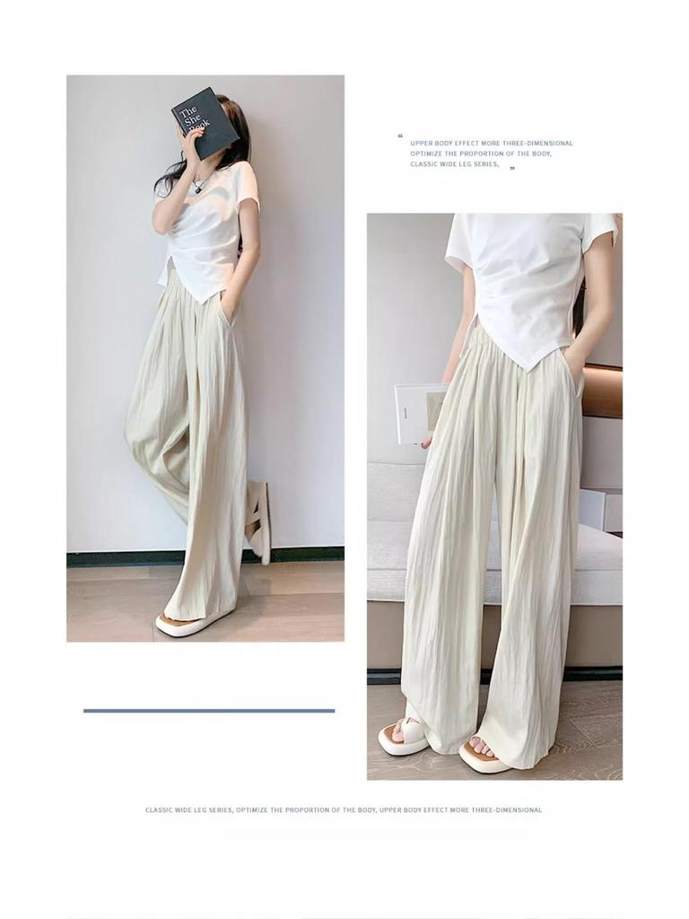 Letnie spodnie damskie z lodowego jedwabiu, szerokie nogawki, wysoki stan, z plisowaną fakturą, ochrona przeciwsłoneczna, krój prosty w kształcie litery A.
